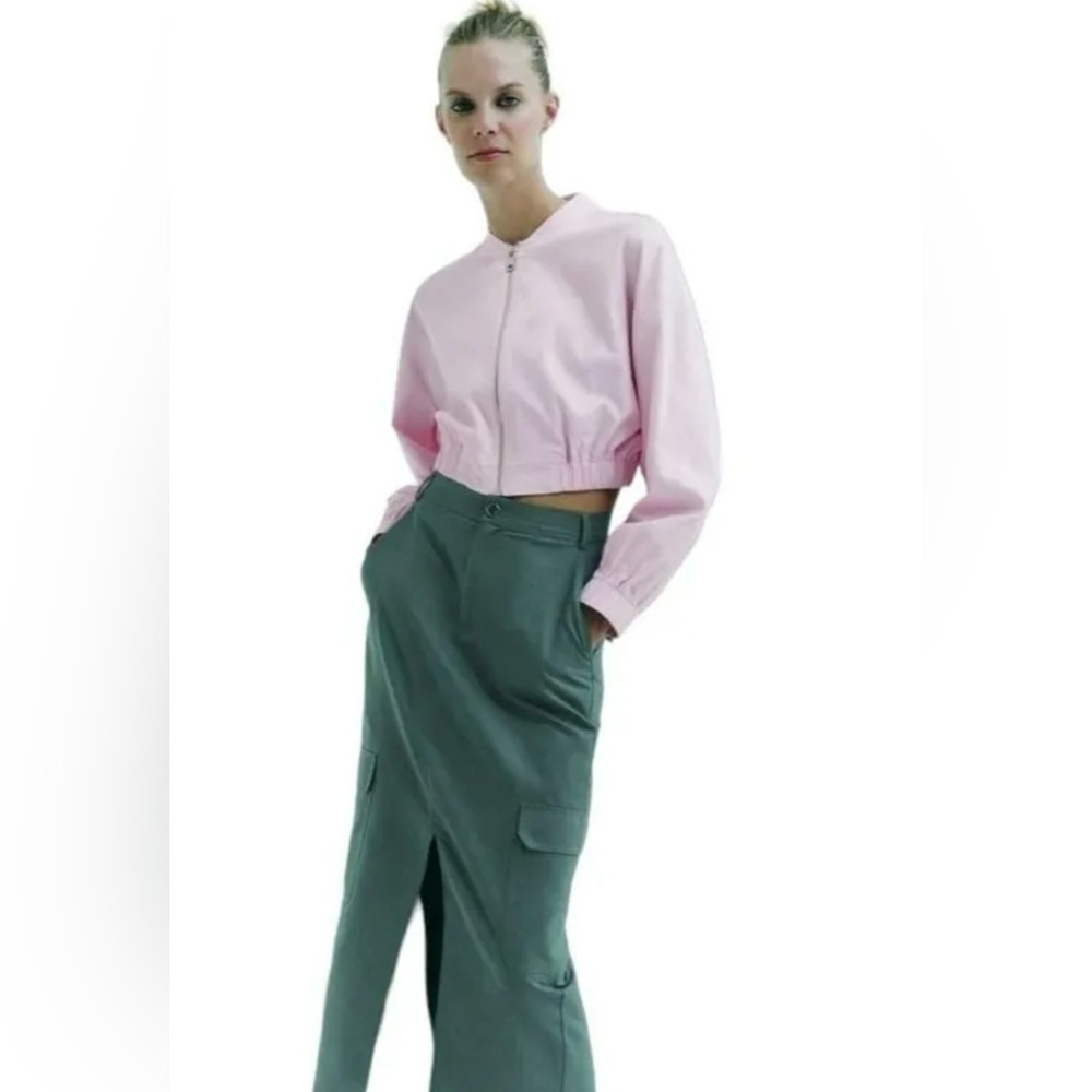 ZARA CROPPED LINEN BLEND BOMBER PASTEL PINK SIZE S